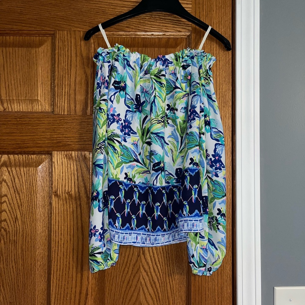 Lilly Pulitzer Blue and Green Floral Off The Shoulder Top